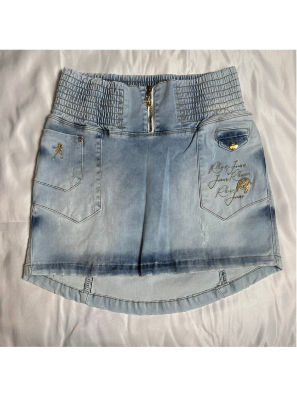 Women's Rhero Jeans Light Blue Denim Mini Skirt Size 10 with Gold Accents